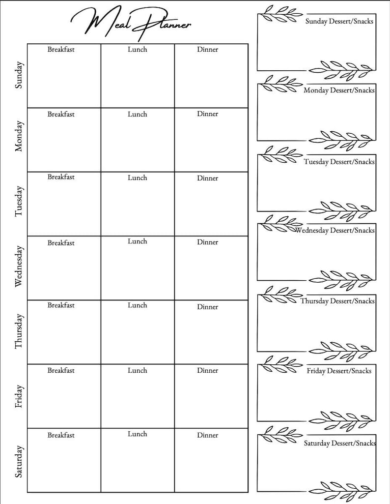 Meal planner weekly meal planner breakfast lunch dinner dessert