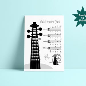 May include: Black and white viola fingering chart with a diagram of the instrument and finger positions for each note. The chart includes the notes A, B, C, D, E, F, and G on each string.