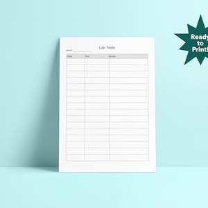 May include: Printable lab test tracker with columns for month, date, test, and notes. The tracker is ready to print.