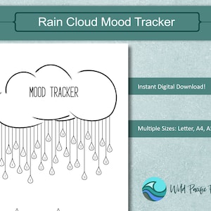 Puede incluir: Un rastreador de humor imprimible en blanco y negro con forma de nube de lluvia con gotas de lluvia numeradas del 1 al 30. El texto "MOOD TRACKER" está dentro de la nube. El texto "Descarga digital instantánea!" y "Tamaños múltiples: Carta, A4, A5" está debajo de la nube. El texto "Wild Pacific Paper" está en la parte inferior de la página.