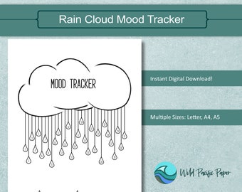 May include: A printable black and white mood tracker in the shape of a rain cloud with raindrops numbered 1 to 30. The text "MOOD TRACKER" is inside the cloud. The text "Instant Digital Download!" and "Multiple Sizes: Letter, A4, A5" is below the cloud. The text "Wild Pacific Paper" is at the bottom of the page.