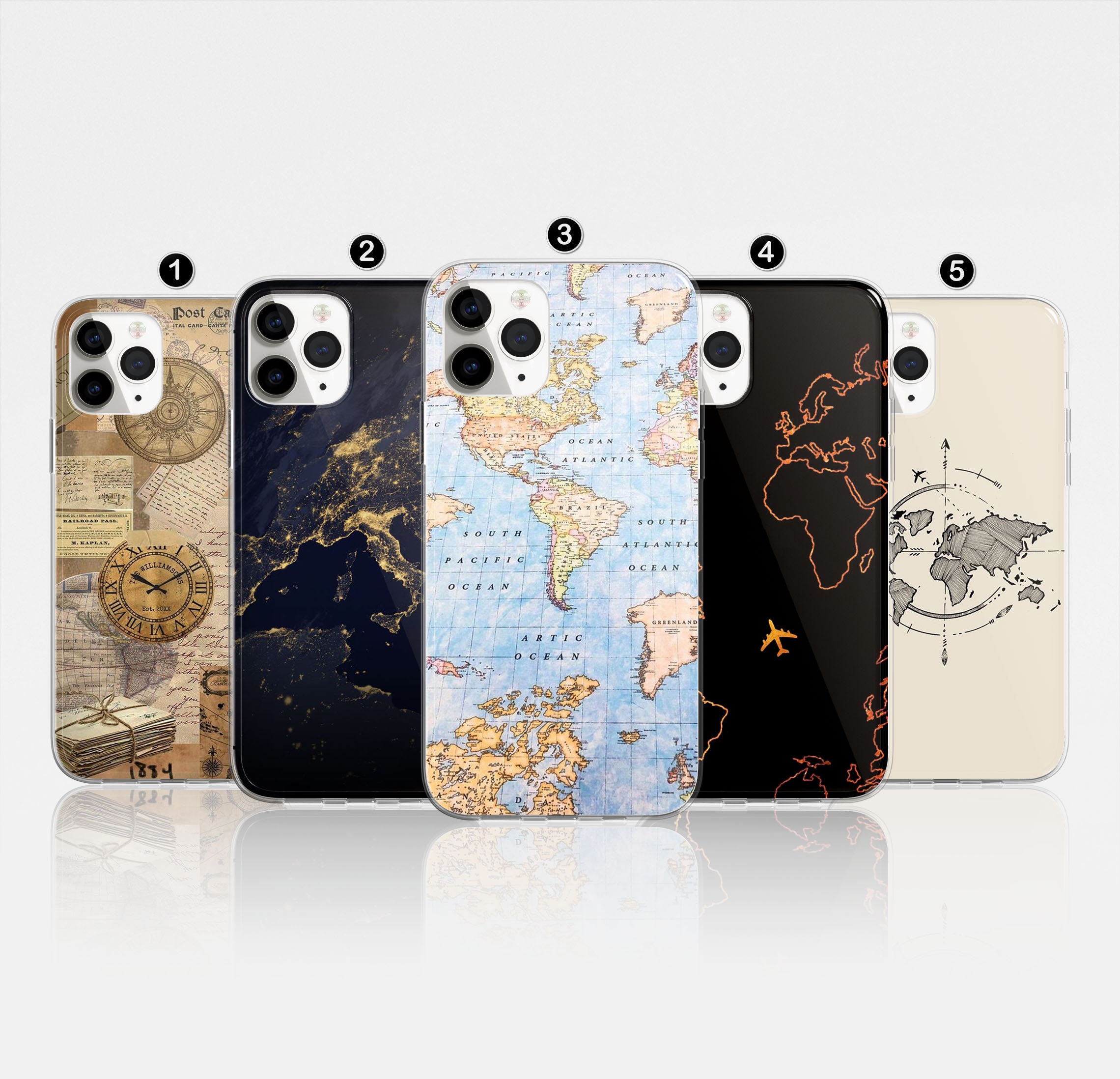 World Map Phone Case Travel Print Cover For iPhone 16 Pro, 14, 15, 13, 12, 11, XR, 8, Samsung S24, S23, A55, A54, Pixel 8 Pro, Huawei P30