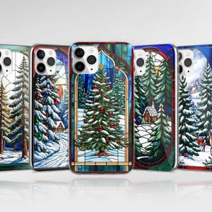 Custodia per telefono con paesaggio invernale e alberi di pino, effetto vetro colorato finto per iPhone 16 Pro, 14, 15, 13, 12, 11, XR, 8, Samsung S24, S23, A55, A54