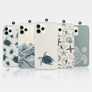 May include: Five different phone cases with various designs featuring sea turtles, seashells, and ocean waves. The cases are all white with a clear background and have a black camera lens cutout.