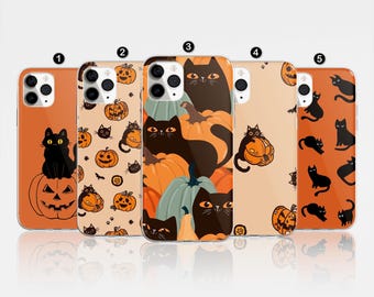 Halloween Black Cat Pumpkin Phone Case, Fall Cover