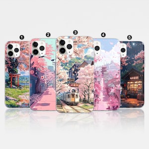 日本の韓国風景ピンクの桜の携帯電話ケース iPhone 16 Pro 14 15 13 12 11 Samsung S24 A55 ギフト用