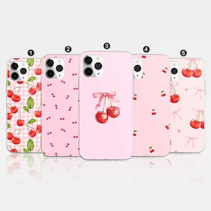 May include: Five different phone cases with a pink background and cherry designs. The cases feature different cherry patterns, including a single cherry with a bow, a repeating pattern of cherries, and a pattern of cherries with hearts and bows.