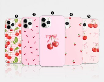 Coquette Cherry Phone Case, Pink Bow, Girly