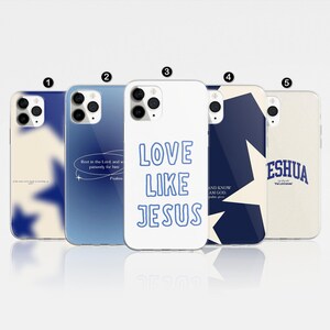 May include: Five different phone cases with various designs. The cases are all white with blue accents. The designs include a blue and white star pattern, a blue and white quote about patience, a blue and white quote about love, a blue and white star pattern, and a blue and white quote about faith.