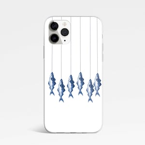 May include: A white iPhone case with a design of six blue fish hanging from strings. The fish are all facing the same direction and have a realistic design.