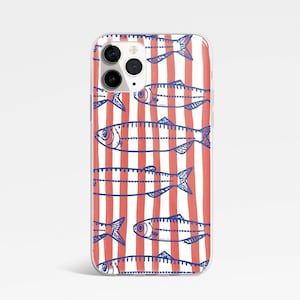 May include: A clear phone case with a red and white striped pattern and blue illustrations of fish. The case is designed for an iPhone.