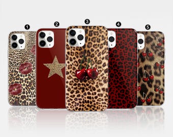 Cherry Leopard Print Phone Case Star Design, Trendy Cheetah Cover iPhone 17 Pro Max, 16, 15, 14, Samsung S25 Ultra, S24 FE, A56, Pixel 9 Pro