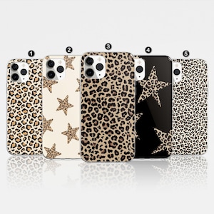 Leopard Print Handytasche Star Design Trendy Cheetah Cover für iPhone 16 Pro Max 15 14 13 12 11 XR 8 Samsung Galaxy S24 S23 S22 A54 A55