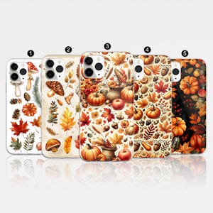 May include: Five different iPhone cases with autumn-themed designs. Each case features a variety of fall colors, including orange, brown, yellow, and red. The designs include pumpkins, leaves, acorns, and mushrooms.