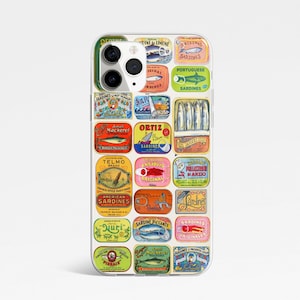 May include: A colorful phone case with a collage of vintage sardine can labels. The labels feature various designs and text, including "Sardines", "Original", "Portuguese Sardines", and "Telmo Brand".