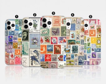 Vintage Stamps Collage Phone Case Retro Travel Postmarks Cover For iPhone 17 Pro Max, 16e, 15, 14, 12 & Samsung S25 Ultra, S24 FE, A56