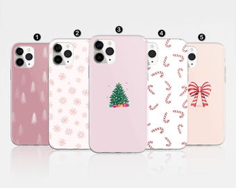 Pink Christmas Phone Case Aesthetic Winter pattern Xmas Cover For iPhone 17 Pro Max, 16, 15, 14, Samsung S25 Ultra, S24 FE, A56, Pixel 9 Pro