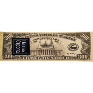 Puede incluir: Un parche rectangular beige con un dise&ntilde;o que se asemeja a un billete de 300. El dise&ntilde;o incluye el texto "UNITED STATES OF DUNGON", "THE PERFECT ASS" y "THREE HUNDRED". Un cuadrado negro con texto cir&iacute;lico blanco est&aacute; a la izquierda.