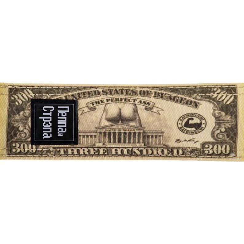Puede incluir: Un parche rectangular beige con un dise&ntilde;o que se asemeja a un billete de 300. El dise&ntilde;o incluye el texto "UNITED STATES OF DUNGON", "THE PERFECT ASS" y "THREE HUNDRED". Un cuadrado negro con texto cir&iacute;lico blanco est&aacute; a la izquierda.