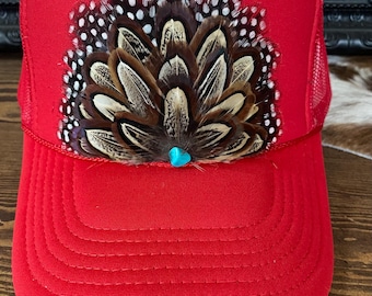 FEATHER Trucker Hat in Red.  Cowgirl,  Rodeo,  Western,  Boho