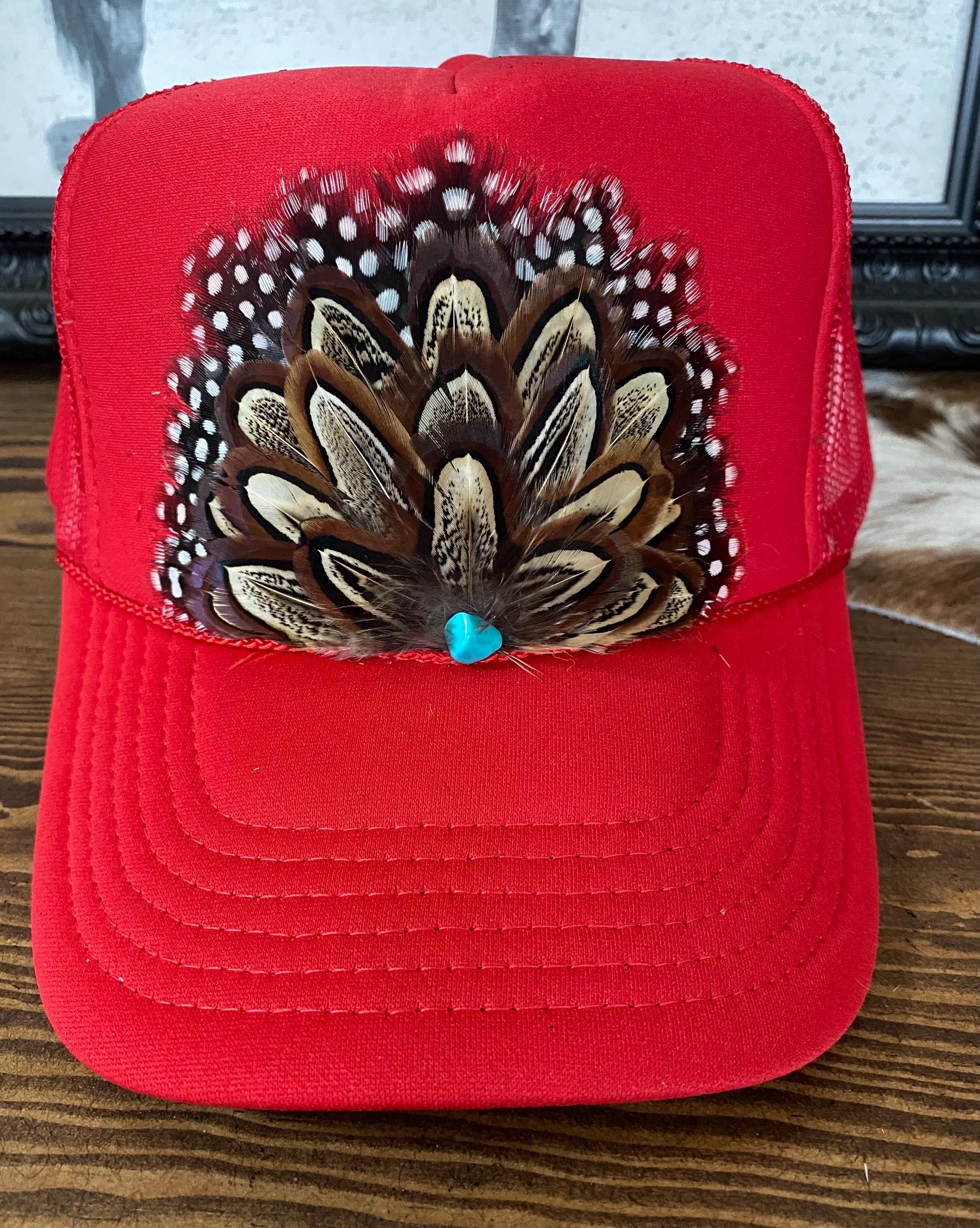 Boho Red Mesh Hat with Peacock Feathers and Turquoise Accent Peacock Feather Hat In Women main image 4