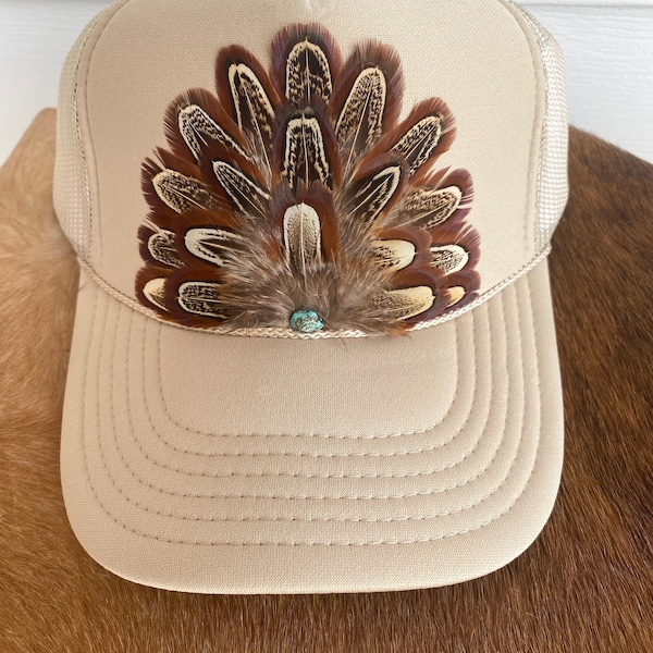 KHAKI Authentic Feathered Trucker Hat, cowgirl Ttucker hat, western trucker, Rodeo, Boho