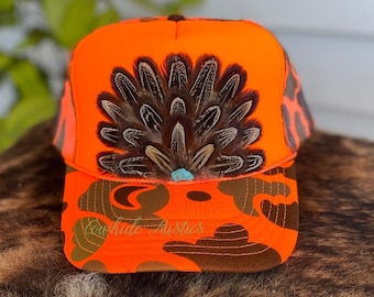 Feather Trucker Hat: Orange Camo, Handmade  Western Cowgirl Boho