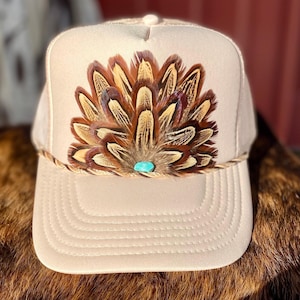 Feather Trucker Hat: Tan , Handmade not a patch, western, rodeo