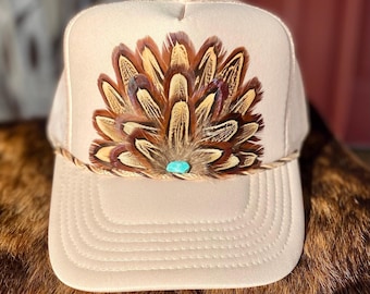 Feather Trucker Hat: Tan , Handmade not a patch, western, rodeo