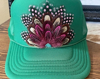 Feather Trucker Hat in Green, Trucker, Cowgirl western, rodeo, boho