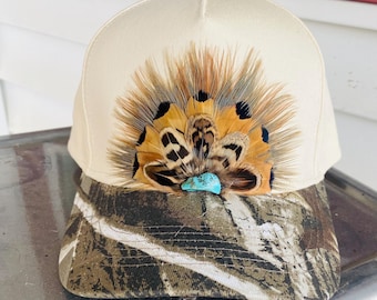 Feather Trucker Hat: Handmade Crest on a Canvas/camo Trucker
