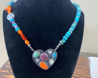 Mixed Stone and Bead Heart Necklace