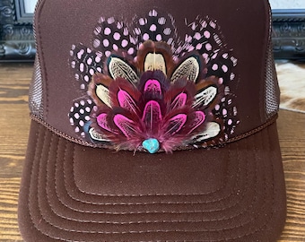 Feather Trucker Hat in BROWN, Trucker, Cowgirl western, rodeo, boho