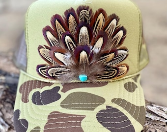 Feather Trucker Hat in Camo: Handmade not a patch,  Western Cowgirl Rodeo