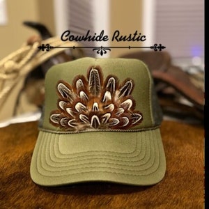 Authentic Feather Trucker Hat in Olive Green.  “The Lainey” Cowgirl Trucker Hat, Western Trucker Hat, boho, Rodeo