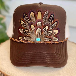 Feather Trucker Hat: Brown Khaki Cowgirl Rodeo Boho