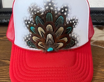 Feather Trucker Hat: Red and white , Patriotic.