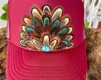 FEATHER Trucker Hat in Maroon  Cowgirl,  Rodeo,  Western,  Boho