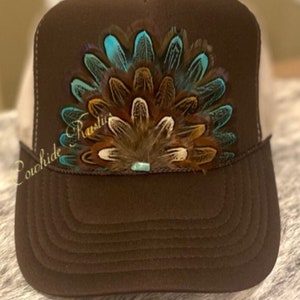 Authentic Feather Trucker Hat in Brown and khaki,  Cowgirl Trucker Hat, Rodeo,  Western Trucker Hat,  Boho