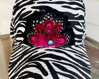 Feather Trucker Hat: Handmade Crest on a Zebra Trucker