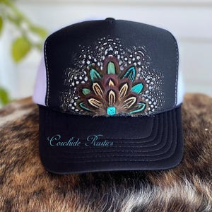 Feather Trucker Hat: Handmade not a patch, Pheasant  Guinea Feathers, black white mesh
