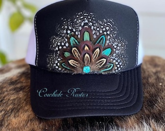 Feather Trucker Hat: Handmade not a patch, Pheasant  Guinea Feathers, black white mesh