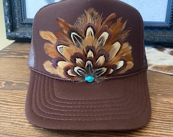 Feather Trucker Hat in BROWN, Trucker, Cowgirl western, rodeo, boho
