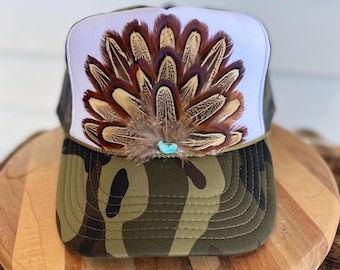 Feather Trucker Hat: Camo Cowgirl Western Rodeo