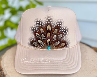 Feathered Trucker Hat: Tan Cowgirl Western Rodeo Style