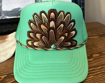 Green Feather Embellished Trucker Hat Little Bird Trucking | Accessories | Olive Green  main image 2