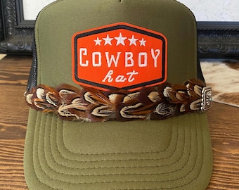 Olive Green Trucker with Patch and Feather hat chain.