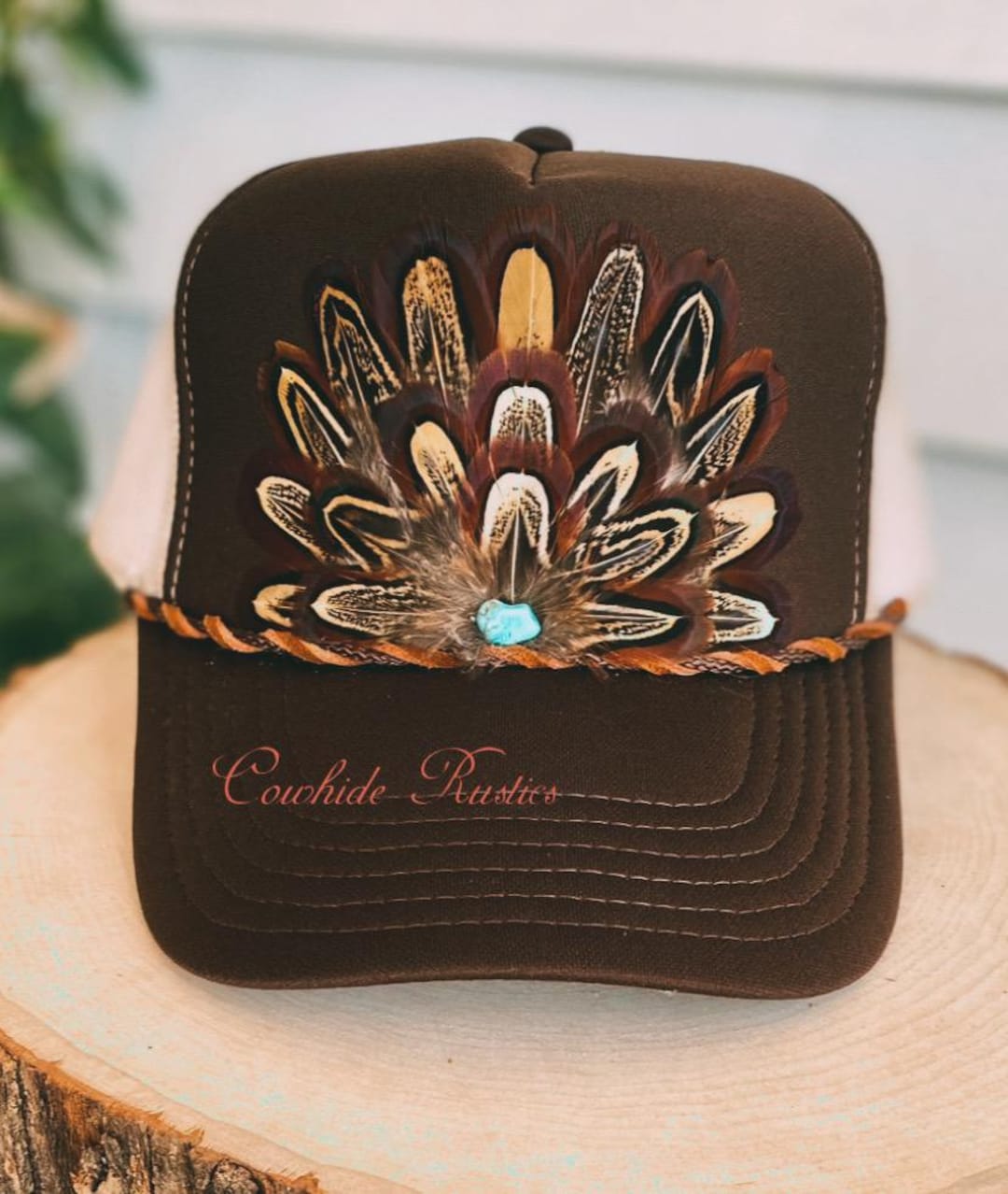 Feather Trucker Hat: Brown Khaki Cowgirl Rodeo Boho - Etsy display picture 2