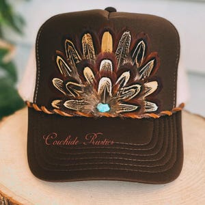 Feather Trucker Hat: Brown Khaki Cowgirl Rodeo Boho