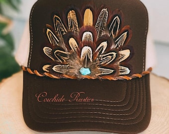 Feather Trucker Hat: Brown Khaki Cowgirl Rodeo Boho